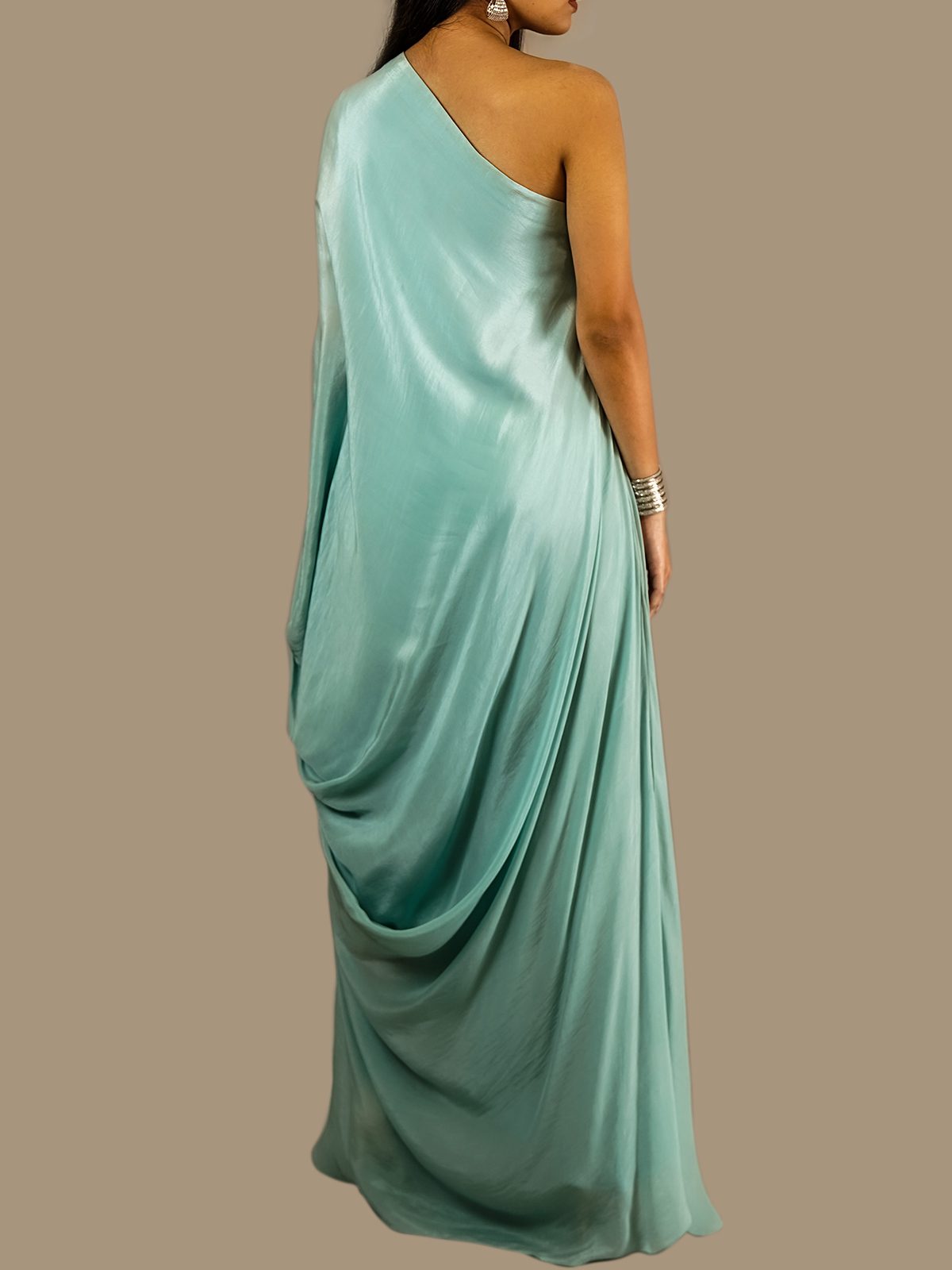 Pale blue one shoulder draped gown – Prashanti Kumar