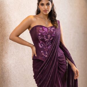 Burgundy hand embroidered corset saree with pre draped silhouette by Prashanti Kumar