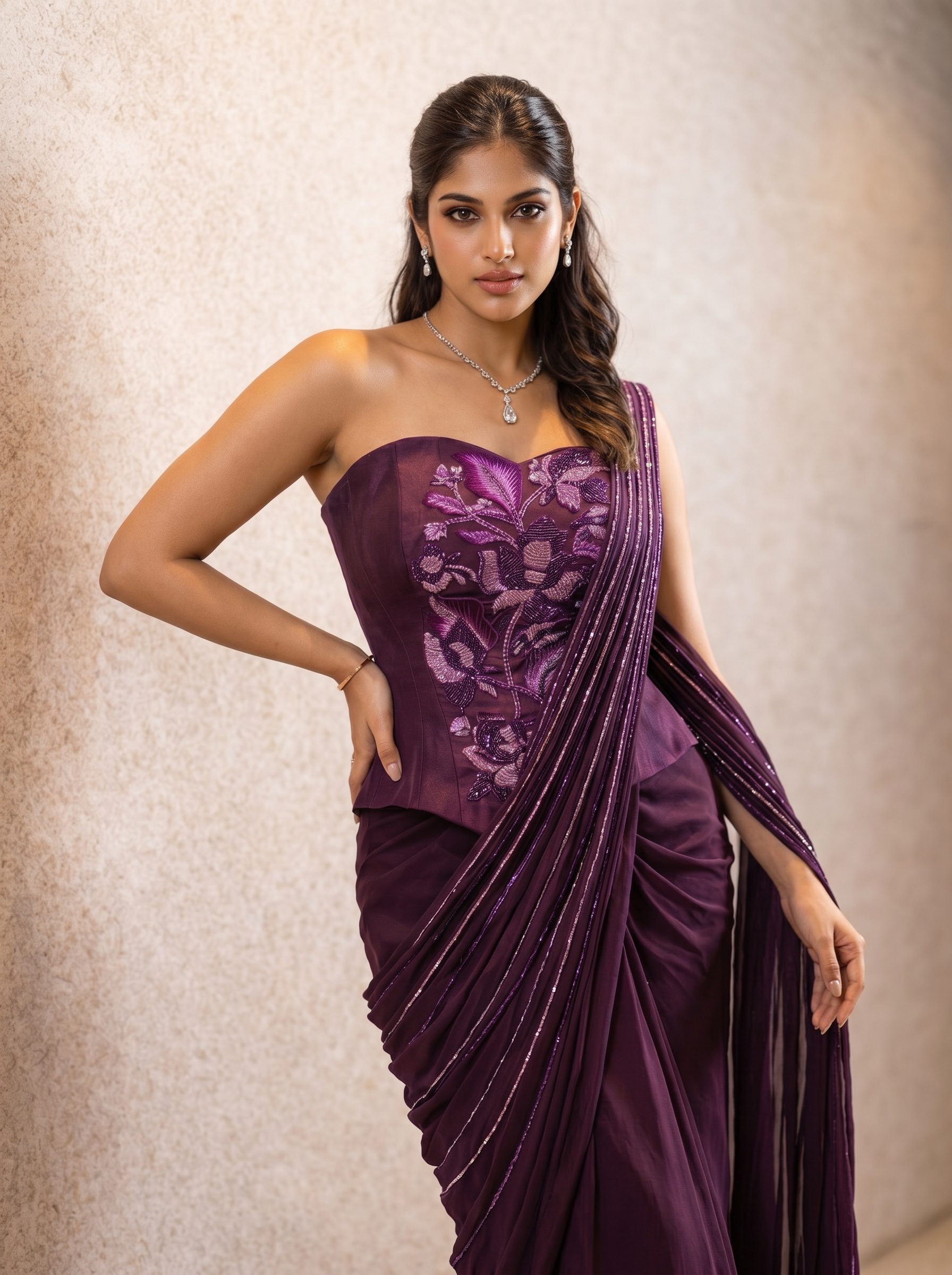 Burgundy hand embroidered corset saree with pre draped silhouette by Prashanti Kumar
